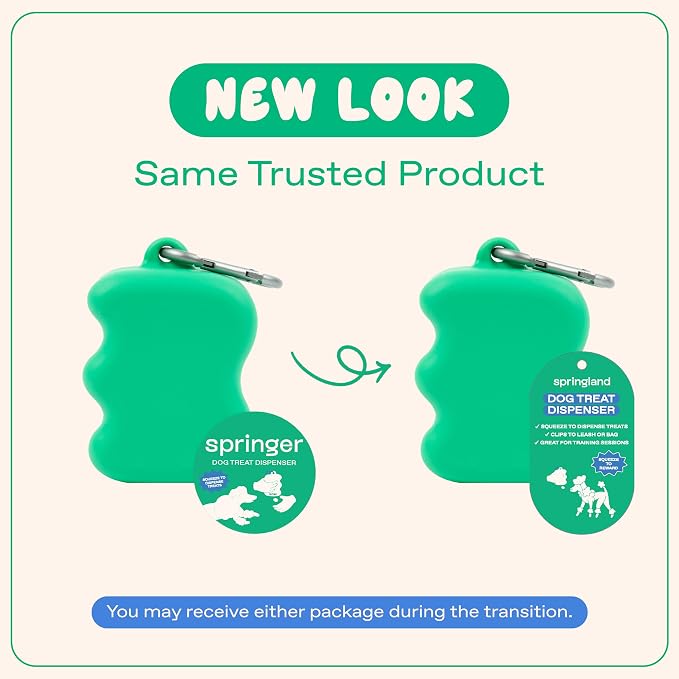 Springland Silicone Dog Training Treat Pouch for Leash, Green | One-hand squeeze dispenser, food-grade silicone, BPA-free, carabiner included, easy-fill holder for rewards on the go