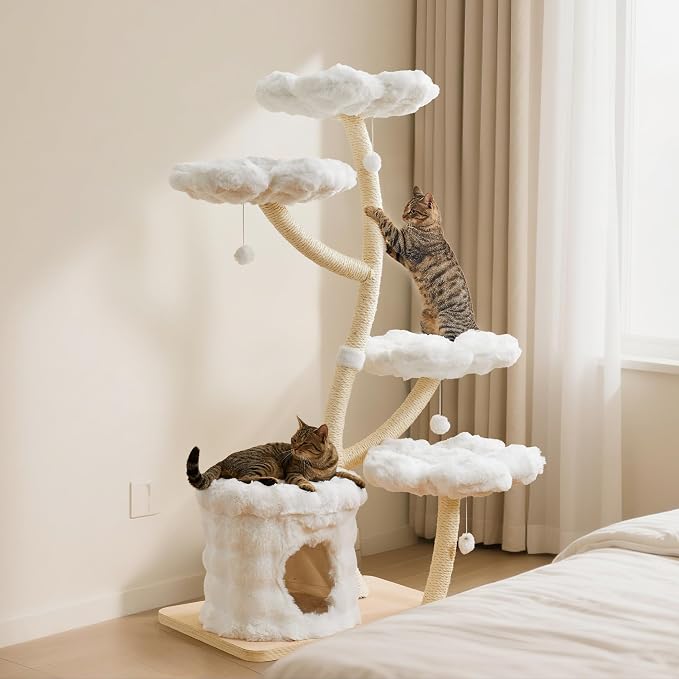 Modern Cat Tree 62" Tall, Cat Tower for Multiple Small Large Cats with Scratching Post, Multi-Level Luxury Aesthetic Cat Condo