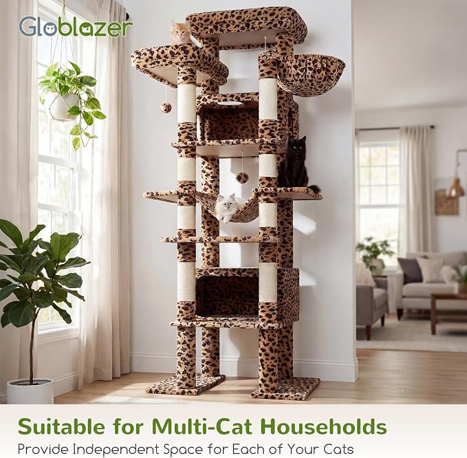 Globlazer Giant Tall Heavy Duty Cat Tower for Indoor Large Cats, F83B | XXL Multi-Level Large Cat Condo with 8 Scratching Posts, Hammock, 2 Cat Caves, 2 Platform, Leopard Print