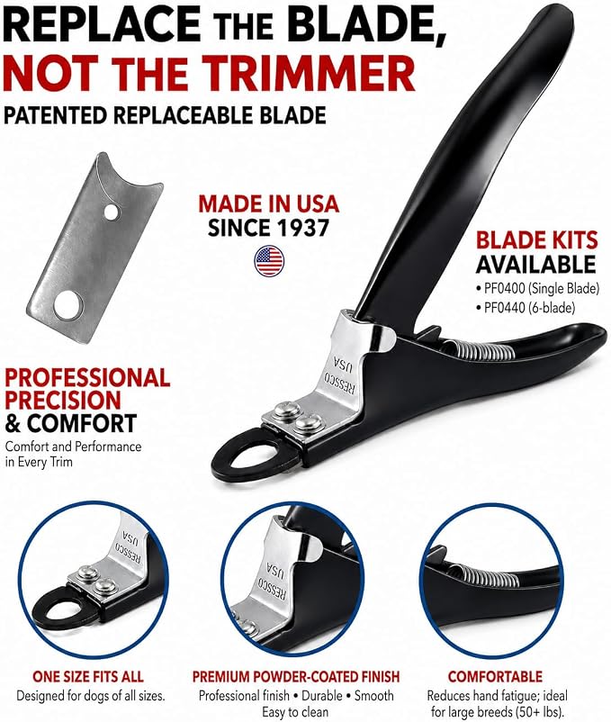 Dog Nail Clippers for All Pet Sizes- Professional USA-Made Guillotine Trimmer - Heavy Duty Steel, Black