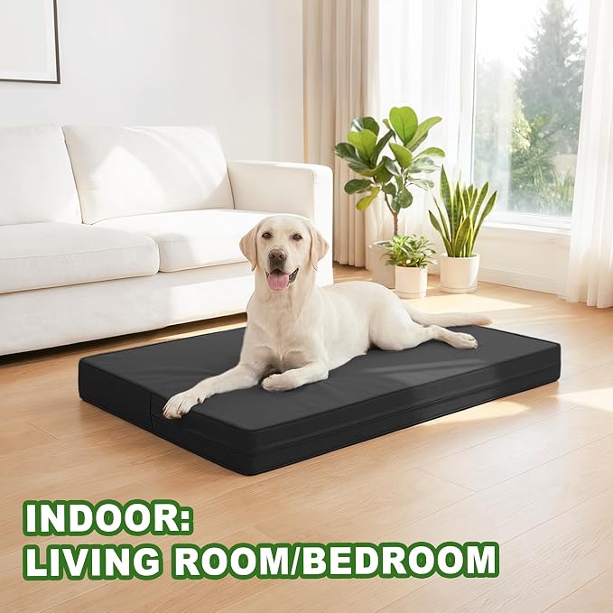 Vonabem Outdoor Dog Bed Waterproof Washable, XXL Large Crate Pad 48 Inch, Wipeable Leather Pet Beds with Removable Cover, Durable Foam Anti-Slip Kennel Pad 47"x29" Black