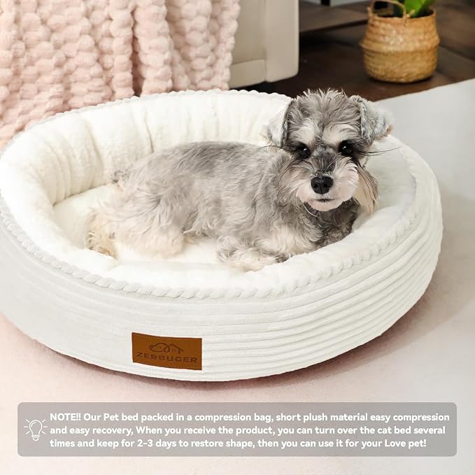 Zerbuger 20in Cream Round Cat Dog Bed Gift for Large Medium Small Dogs Cats, Machine Washable Sleeping Sofa, Non-Slip Bottom Breathable Soft Calming Pet Cuddler for Indoor/Outdoor/Car/Cage