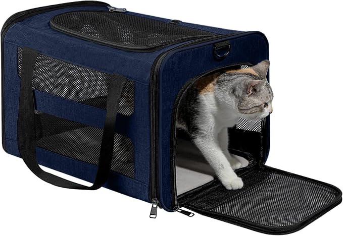Cat Carrier Soft-Sided Travel Bag for Medium to Large Cats Over 15lbs, Small Dog Carrier Crate Top Entry Breathable Mesh Puppy 12 Pounds, Pet Rabbit Carrying Cage Kennel Collapsible Navy