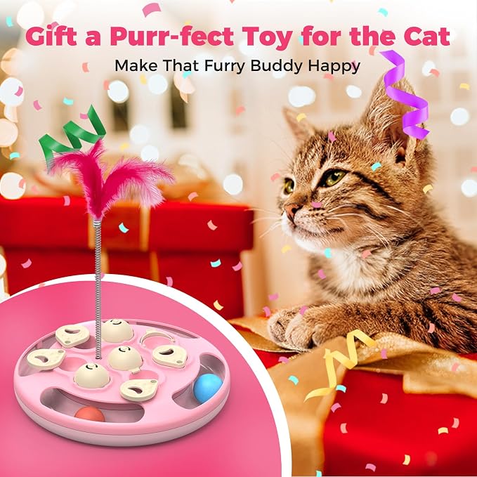 3 in 1 Cat Treat Puzzle Feeder, Level 3 Interactive Cat Puzzle Toy with Track Balls, Feather Teaser & Slow Feeder Insert, Non-Slip Base, Mental Stimulation for Bored Indoor Cats, Pink