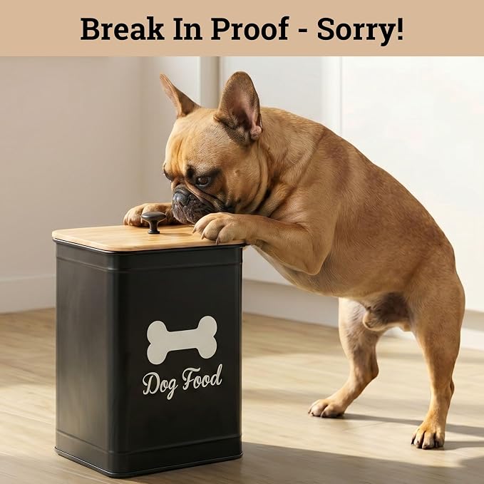 Dog Food Container Airtight Bamboo Lid 5-7 lb, 25 Cups, Sturdy Metal Handle | Pet Jar For Dogs up to 50lbs, Airtight Bamboo Lid, Sturdy Comfortable Metal Handle, Powder Coated Iron, Kibble Storage Bin