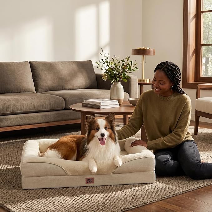 EHEYCIGA Orthopedic Dog Bed for Large Sized Dog, 41x27 Inch Large Memory Foam Dog Couch Bed with Sides, Waterproof Liner & Washable Removable Cover, Bolster Pet Sofa, Beige