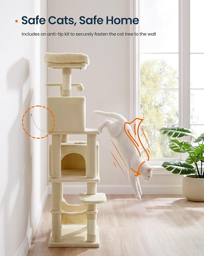 SONGMICS HOME Cat Tree for Indoor Cats, Multi-Level Cat Tower with Sisal Scratching Posts, Hammock and Condo, Beige