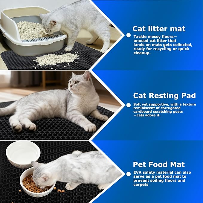 Cat Litter Box Mat,Double-Layer Honeycomb Litter Trap 47"x28" Black | Catches Scattered Particles to Stop Tracking,Waterproof Design Urineproof Base Protects Floors, Easy to Clean, Indoor Cats