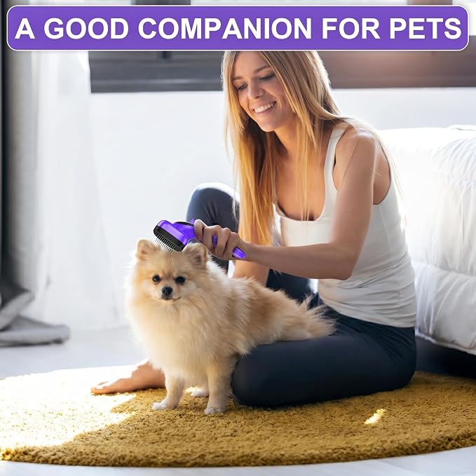 Self Cleaning Slicker Brush for Dog and Cat Shedding, Purple | Skin Friendly Deshedding Brush for Short or Long Haired Dogs & Cats, One-Click Retractable for Easy Cleaning Flying Hair