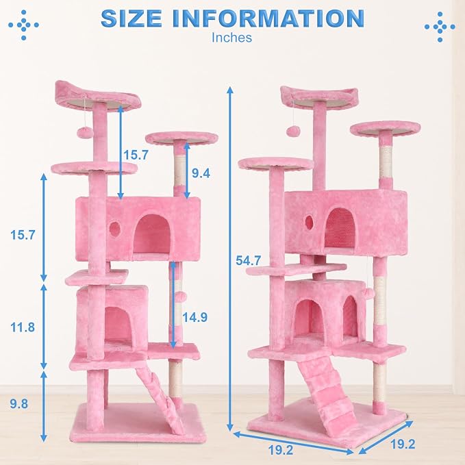 FDW | 54" Cat Tree Tower | Pink | Multi-Level Indoor Activity Center | with Sisal Scratching Posts, Condos, Plush Perches, Hanging Cat Toys | Sturdy, Easy to Assemble | for Kittens & Adult Cats