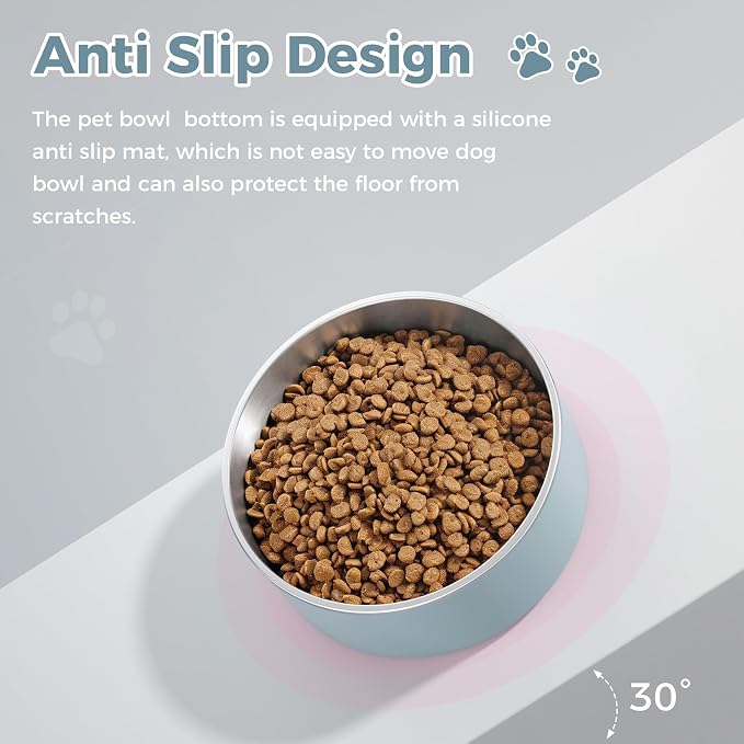 WENBOKMIN Dog Bowl, Stainless Steel Dog Food and Water Bowl with Non Slip Quiet Bottom, Easy to Clean, Dishwasher Safe, 64oz, Light Grey