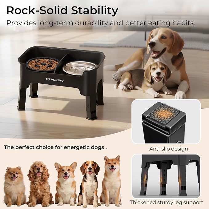 URPOWER Mess Proof Elevated Dog Bowls, High Wall Splash Guard Design, 4 Height Adjustable Raised Bowl Stand with Stainless Steel Bowl & Slow Feeder Bowl, Non-Slip Food Water Set for Small Dogs