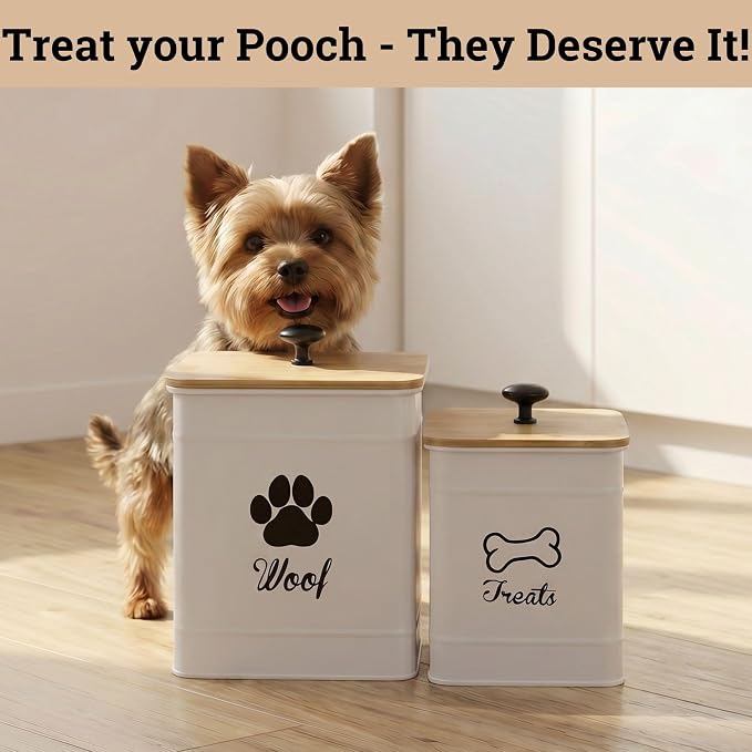Dog Treat Container Set of 2 with Airtight Bamboo Lids - 8x6 & 7x5 inch | Fits All Popular Treats, Up to 20 Cups Combined Capacity, Airtight Bamboo Lid, Easy Open Lid, Dent-Resistant Durable Metal