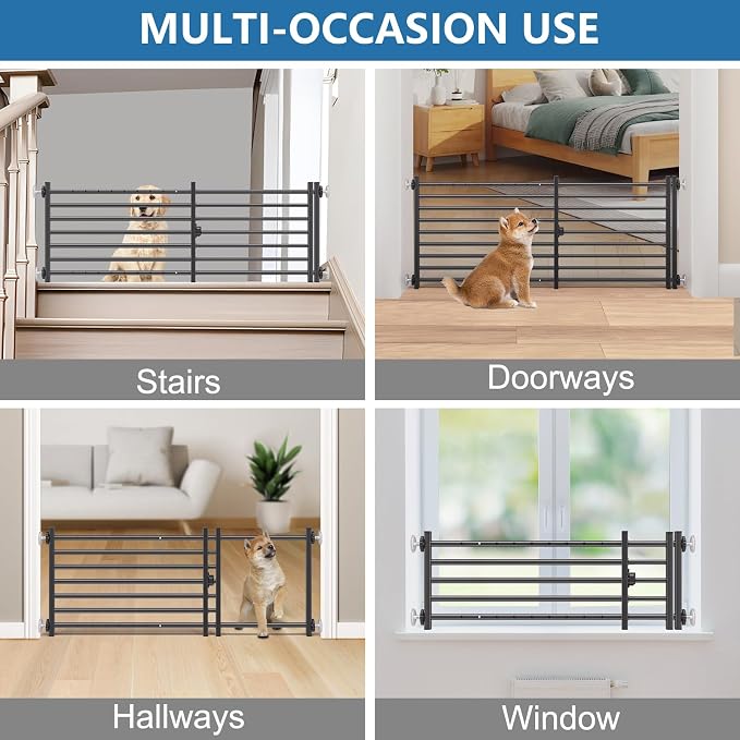 Malier Dog Gate with Door, 34-55" Extra Wide Full Metal Pet Gate Short Dog Gate for Stairs, Pressure Mount 20'' Tall Small Puppy Gate, Easy Step Over Low Gate for Doorways