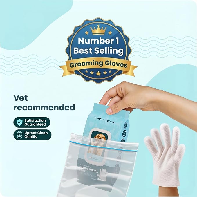 Uproot Clean Pet Grooming Gloves: Deodorizing & Grooming, 3-Month Supply | Extra-Thick Cat & Dog Wipe for Clean Paws, Eyes, Ears, Butt & Body, Lick-Safe. Mess-Free - Removing Tough Dirt, Odor, Oils