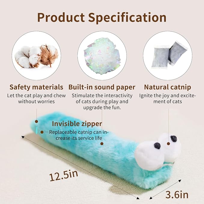 2BB Cat Kicker Toys 3 Pack, 13 Inch Quiet Catnip Toy Pillows for Indoor Cats, Soft Plush Refillable Kick Sticks for Kittens, Interactive Play & Exercise