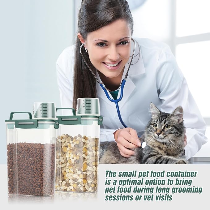 TBMax Small Dog Food Storage Container 3 Qt with Cat Food Can Cover and Mixing Spoon, Portable Travel Pet Food Dispenser with Large Spout and Cup -Bottle Green