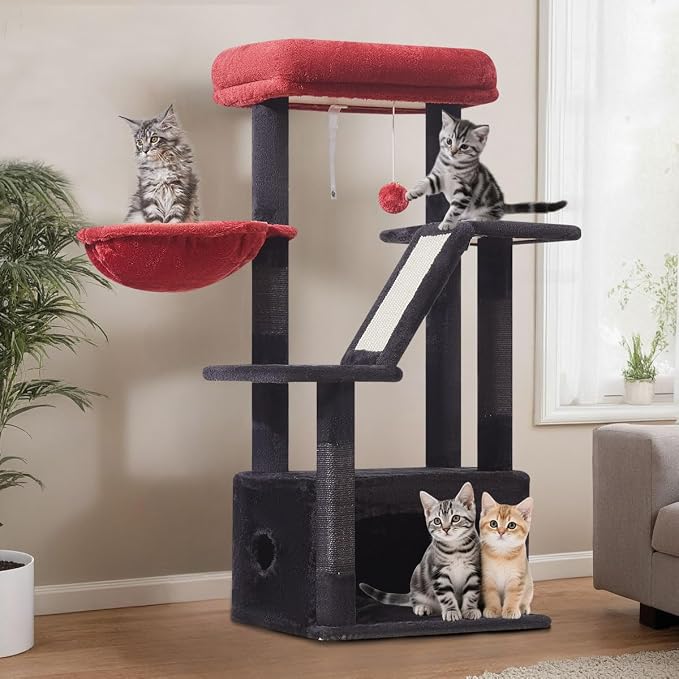 Taoqimiao Gothic Cat Tree, 38.5In Cat Tower for Indoor Cats, for Kittens | Thick Padded Top Perch, Luxurious Cat Condo, Adjustable Basket, 1-Piece Ramp Scratcher, 3 Natural Sisal Posts, MS029SBR