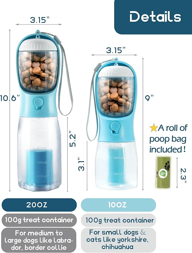 Portable Water Bottle for Dogs, 3 in 1 Pet Travel Bowl Dispenser with Food Treat Container & Poop Bag Holder, Summer Outdoor Walking Hiking Accessories for Dog On The Go - Darkblue, 20oz