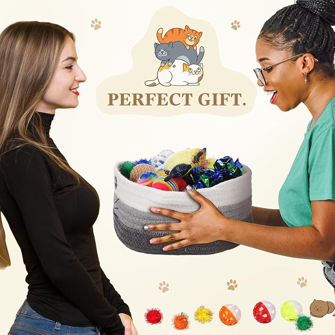 Zopeal 58 Pcs Summer Cat Storage Basket Gift Toys Set, Colorful Flashing Balls Pet Bell Crinkle Balls Spring Toys Attract Cat to Swat, Hunt, Interactive for Pet(Multicolor,9.8 Inch)