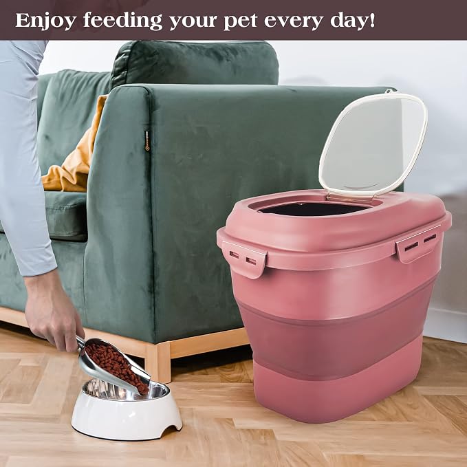 TIOVERY Dog Food Storage Container, Airtight Collapsible 13lb to 30lb Pet Food Container with Flip Top, Rolling Wheel, Scoop and a small container for Dog Cat Food and Dry Food of Rice, Flour