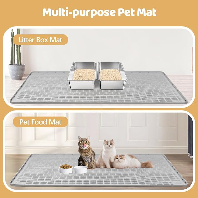 Silicone Cat Litter Mat for Litter Box 40”x40” Large Cat Mat, Light Grey | Waterproof, Non-Slip, Leak-Proof Rug Mat with Lip, Easy to Clean, Extra Large Litter Catcher Mat for Floor