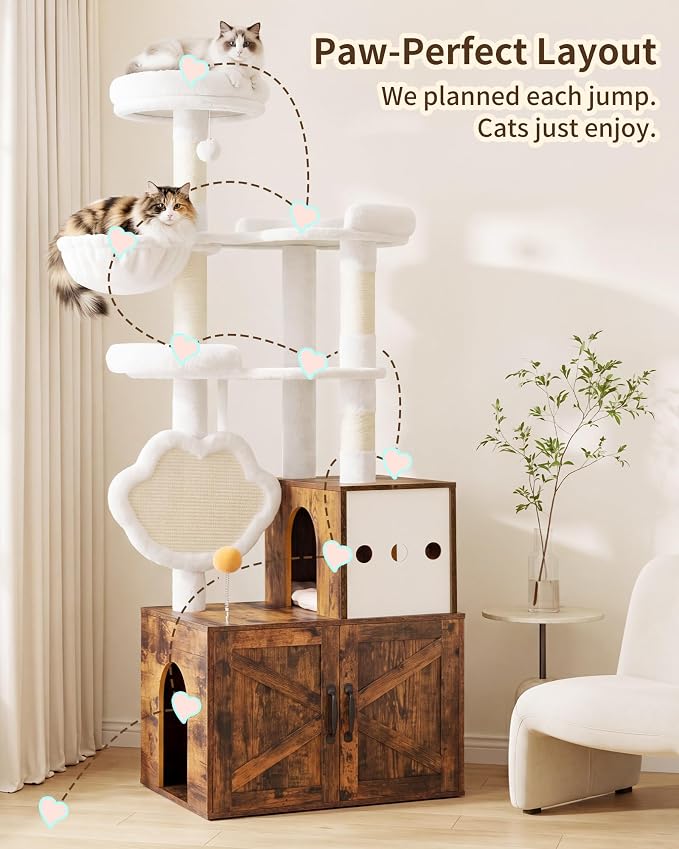 Heybly Cat Tree with Litter Box Enclosure, Modern 64" Hidden Tower HCT105SR | All-in-One Solid Wood Cat Condo for Indoor Cats with Paw-Shaped Board, Multi-Level Perch & Playzone, Rustic Brown