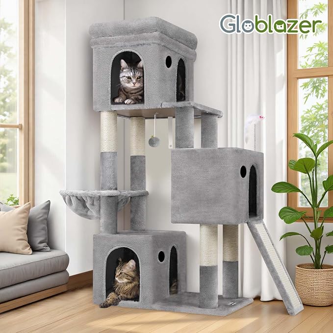Globlazer Heavy Duty Cat Tree for Indoor Cats Large Adult, F52B, Light Grey | 3 Condos, Extra-Large Baseboard, Removable Top Perch, 4 Sisal Posts & Board, Hanging Basket, Anti-Topple Strap, Easy Setup