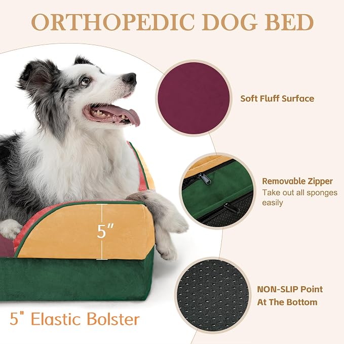 Comfort Expression Orthopedic Dog Bed for Extra Large Dogs with Bolster | Waterproof Dog Couch Bed with Washable Cover & Non-Slip Bottom, Supportive Egg Crate Foam XL Pet Bed, 42x30 Inch