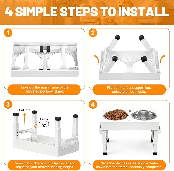 Elevated Dog Bowls Stand Large Breed, Height Adjustable Raised Dog Bowls Holder with 2 Stainless Steel Food Bowls for Small, Medium and Large Canine,White