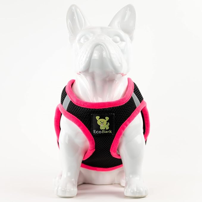 EcoBark Step in Dog Harness - Eco-Friendly Dog Harnesses for Small and Medium Breed Dogs - Reflective and Adjustable Body Halter Vest - Soft Mesh Toy Breed Harness (Black and Pink, Large)