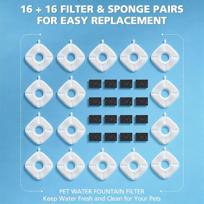32 Pcs Cat Water Fountain Filters for Veken 95oz/2.8L, 67oz, 135oz Dog Water Fountain Automatic Pet Fountain Dog Water Dispenser 16Pcs Pet Fountain Filter Replacement & 16Pcs Pre-Filter Sponges