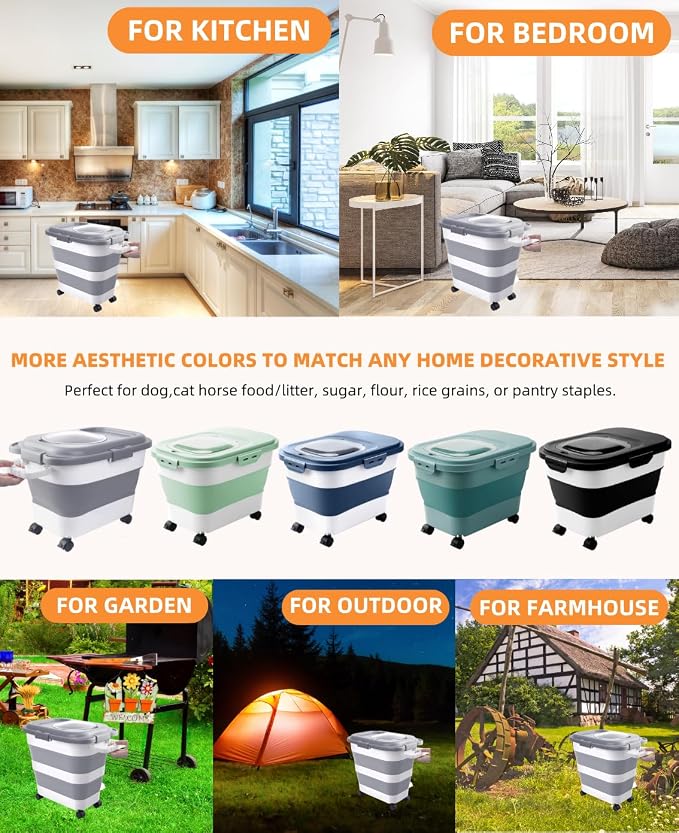 25-28Lbs Dog Food Storage Container Airtight,Collapsible Pet Food Storage | Dog Food Container with Handle,Wheels,Double Airtight Seal Fresh,Save Space,Pest/Mouse-proof,Small Cat Food Container,Scoop
