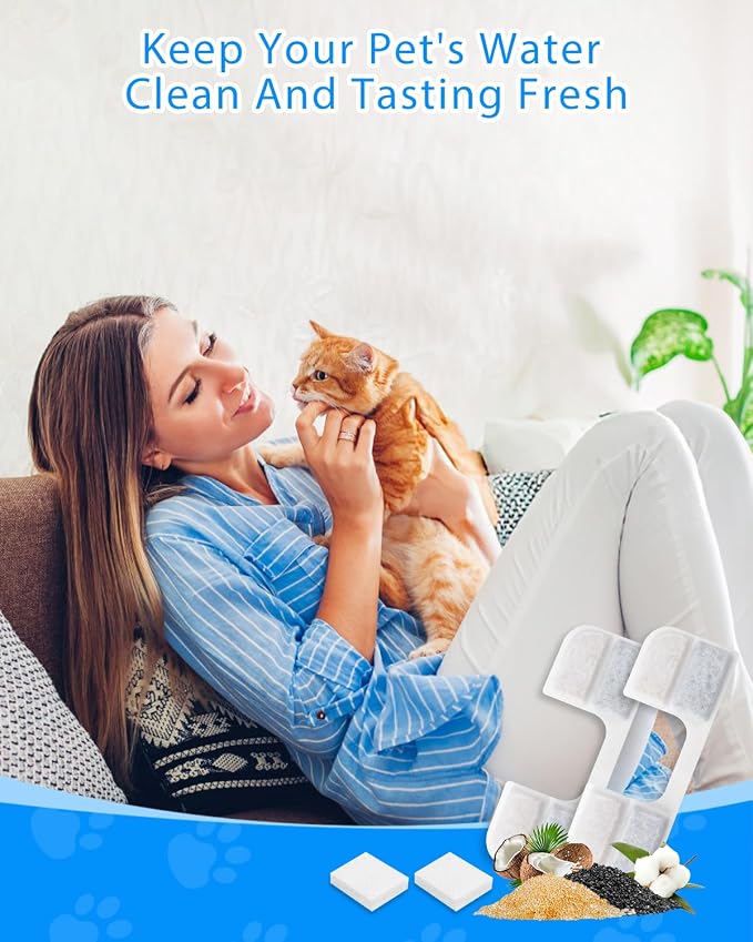 8 + 8 Pack Cat Water Fountain Filter Replacement Compatible with FEELNEEDY Cat Water Fountain FN-W17 3.2L/ 108oz, Cat Fountain Filter, Pet Water Fountain Filters, Filters and Sponges