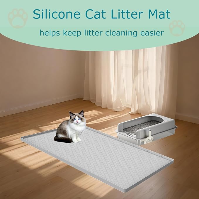 Cat Litter Mat for Litter Box, Silicone Large Cat Litter Trapping Mat - 28x19 in, Waterproof & Non-Slip, Durable & Easy Clean, Light Grey