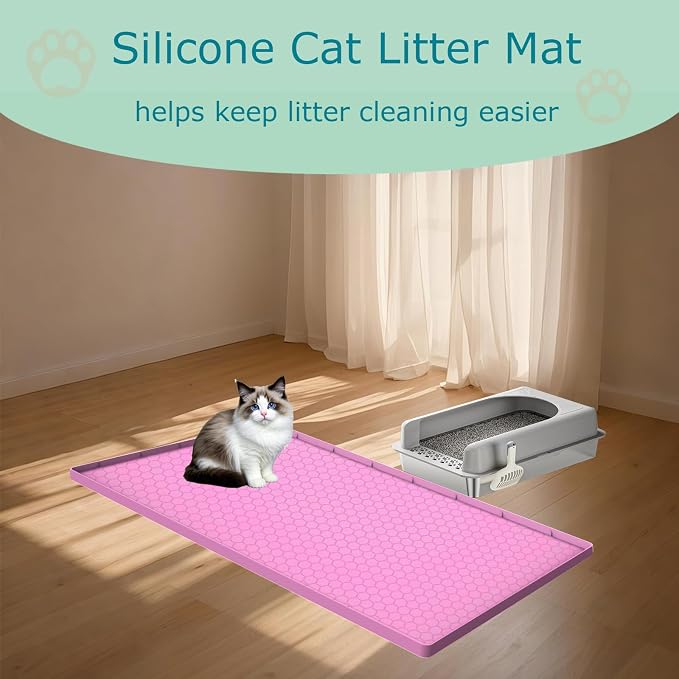 Cat Litter Mat for Litter Box, Silicone Large Cat Litter Trapping Mat - 28x19 in, Waterproof & Non-Slip, Durable & Easy Clean, Pink