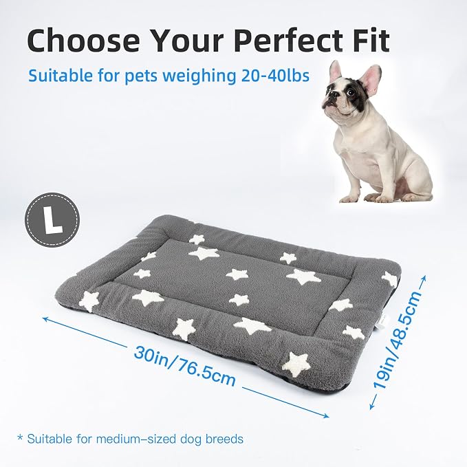 Mora Pets Dog Crate Pad Washable Puppy Dog Bed for Crate Flat Kennel Mat | Soft Dog Cat Bed Mat, Crate Pad for Dog Cages Cozy Sleeping Liner, Pet Pillow Cushion Medium Cute Star Anti Slip Grey 30 x 19