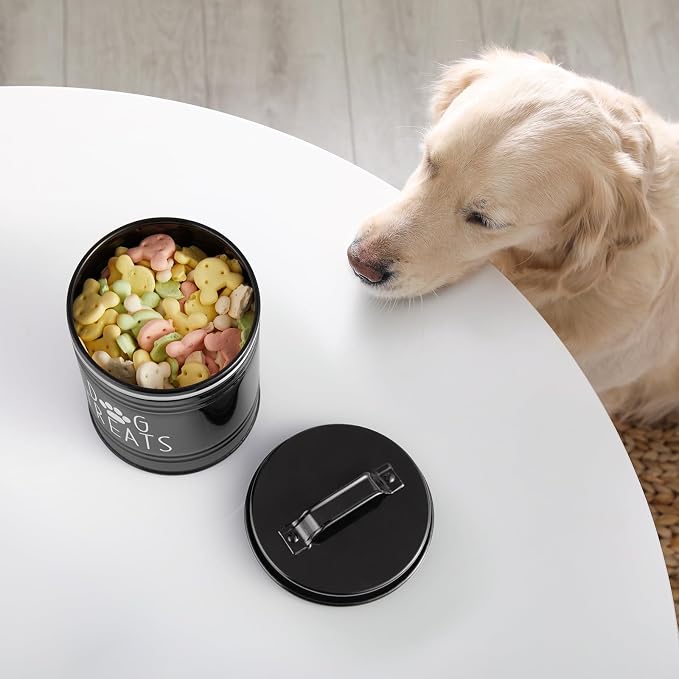 OUTNILI Small Dog Treat Container Airtight - 6" Tall X 4.9" Round Black Dog Treat Jar for Kitchen Counter - Rustic Treat Storage Canister for Dogs, Cats, Small Animals - Gifts for Pet Owners