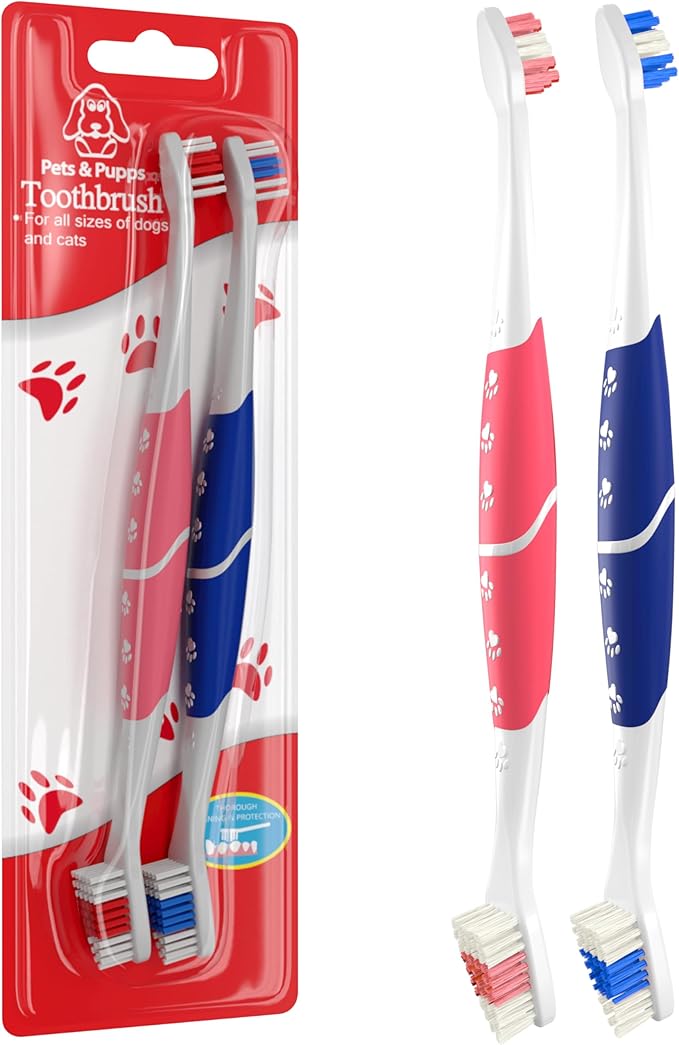 Pet Toothbrush for Dogs, Cats with Soft Bristles - Easy Teeth Cleaning & Dental Care, Non Slip Dual Head Dog Toothbrush for Medium & Large Pets, Toothpaste Not Included, Pack of 2 Pink & Blue