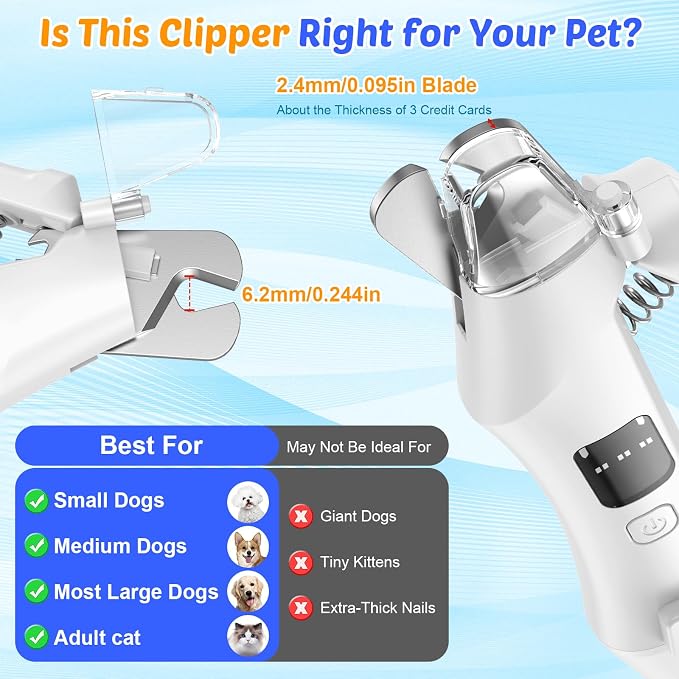 2-in-1 Dog Cat Nail Clippers and Grinder with Light: Electric LED Silent Quiet Pet Nail Claw Trimmers USB Rechargeable Safety Lock Small Large Dog