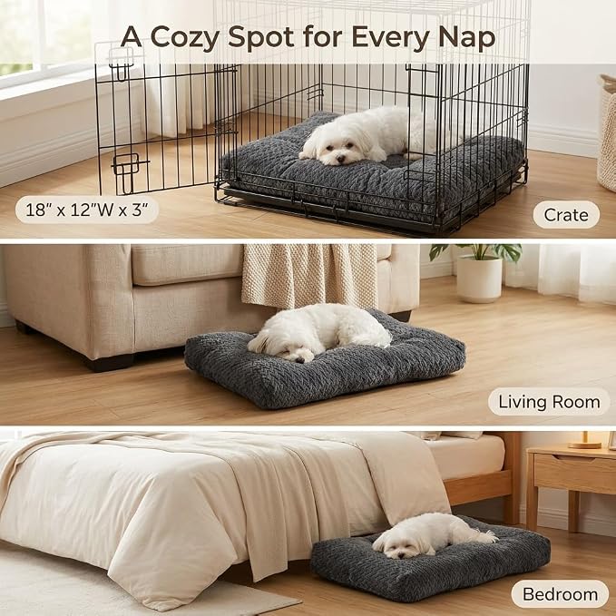 18 Inch Dog Crate Bed for Small Dogs and Puppies,Washable Puppy Crate Pad for Dog Cages,Soft Jacquard Flannel Kennel Mat with Anti-Slip Bottom,Fluffy Dog Bed for Toy Breeds,Dark Grey