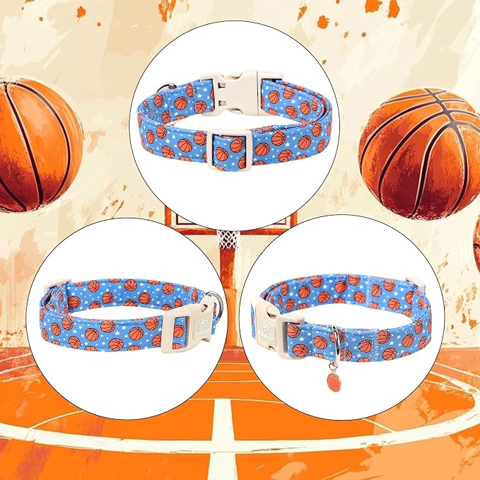 Basketball Dog Collar, Cute Boy Dog Collars for Puppy Small Dogs - Blue Sports Themed Cotton Male Dogs Collar, Soft Adjustable Daily Pet Collars with Quick Release Buckle XS