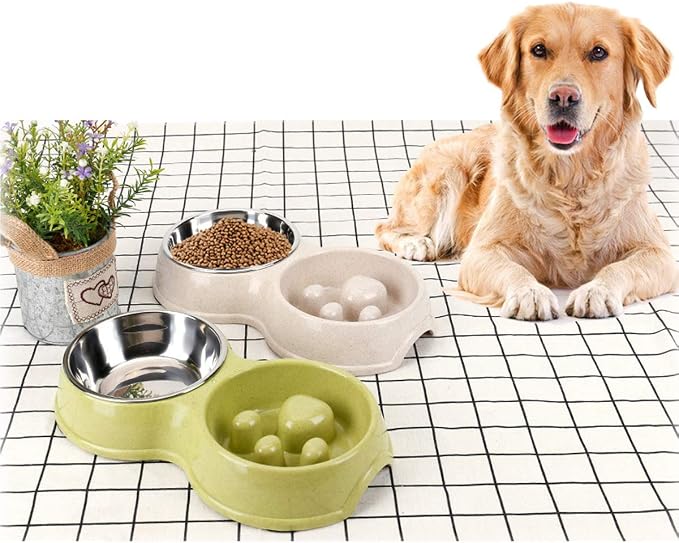 Tineer Double Pet Dog Slow Feeder Bowl,Stainless Steel Anti-Choke Puppy Food and Water Feeder for Dog Cats (White)