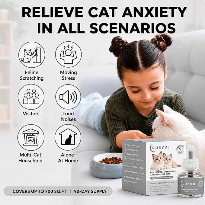 Feline Pheromone Calming Diffuser | Plug in for Cat Stress, Anxiety, Fighting, Scratching, Over Grooming, Meowing | Ideal for Multi Cat Homes | 1 Diffuser + 3 Refills