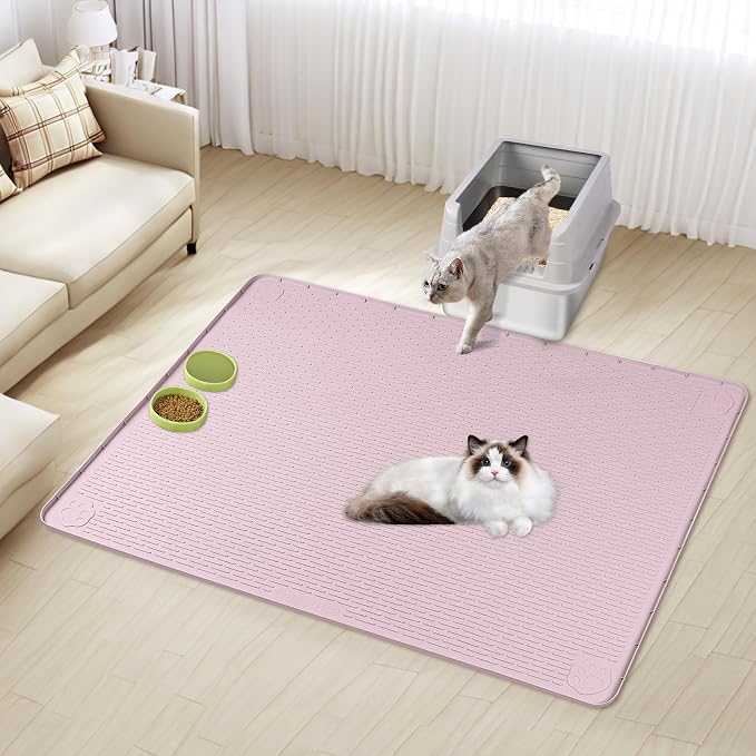 Silicone Cat Litter Mat for Litter Box 50”x35” Large Cat Mat, Pink | Waterproof, Non-Slip, Leak-Proof Rug Mat with Lip, Easy to Clean, Extra Large Litter Catcher Mat for Floor
