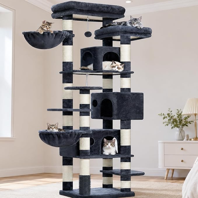 Hey-brother Cat Tree, Multi-Level Tower with 3 Condos, Hairbrush, MPJ035-MG | 74 Inches XL Large Scratching Posts for Indoor Cats and Kittens, 2 Wide Platforms, 2 Plush Baskets, Toy Balls, Smoky Gray