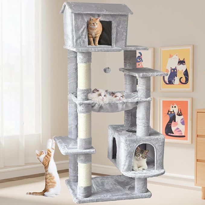 Tall Cat Tree 64 in, Multilevel Cat Tower for Adult Cats, Climbing Tree House and Towers with Condo Hammock Scratching Post Wide Base (Light Gray, 64 in)
