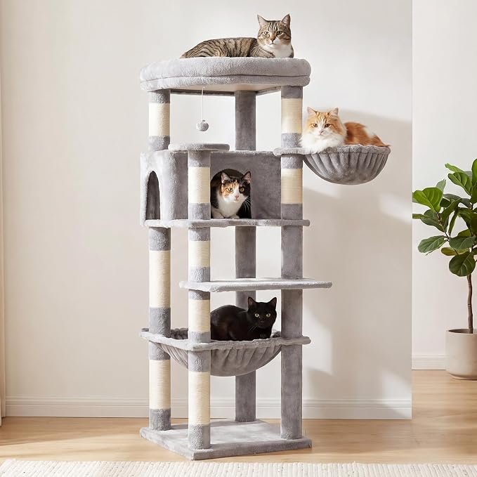 Heybly 53.1" Corner Cat Tree for Large Cats – Interactive Play HCT029W | Sturdy Cat Tower with Cozy Cat Condo, Fan-Shaped Top Perch, Basket, Hammock & Solid Base, Light Gray