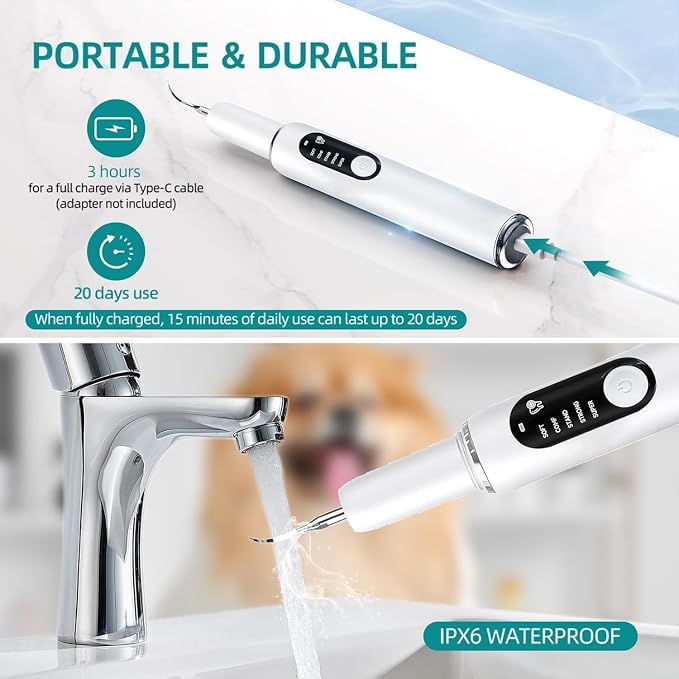 Dog Teeth Cleaning Kit Dog Plaque and Tartar Remover with LED Light 5 Adjustable Modes Electric Toothbrush Pet Teeth Cleaner for Dogs and Cats (Off-White)