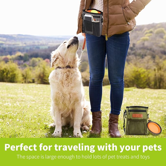 Dog Treat Training Pouch with Built-in Poop Bag Dispenser, Army Green | Easily Carries Pet Toys, Kibble, Treats, 3 Ways to Wear, Foldable Silicone Bowl, Quick One-Hand Access for Dog Walks & Hiking